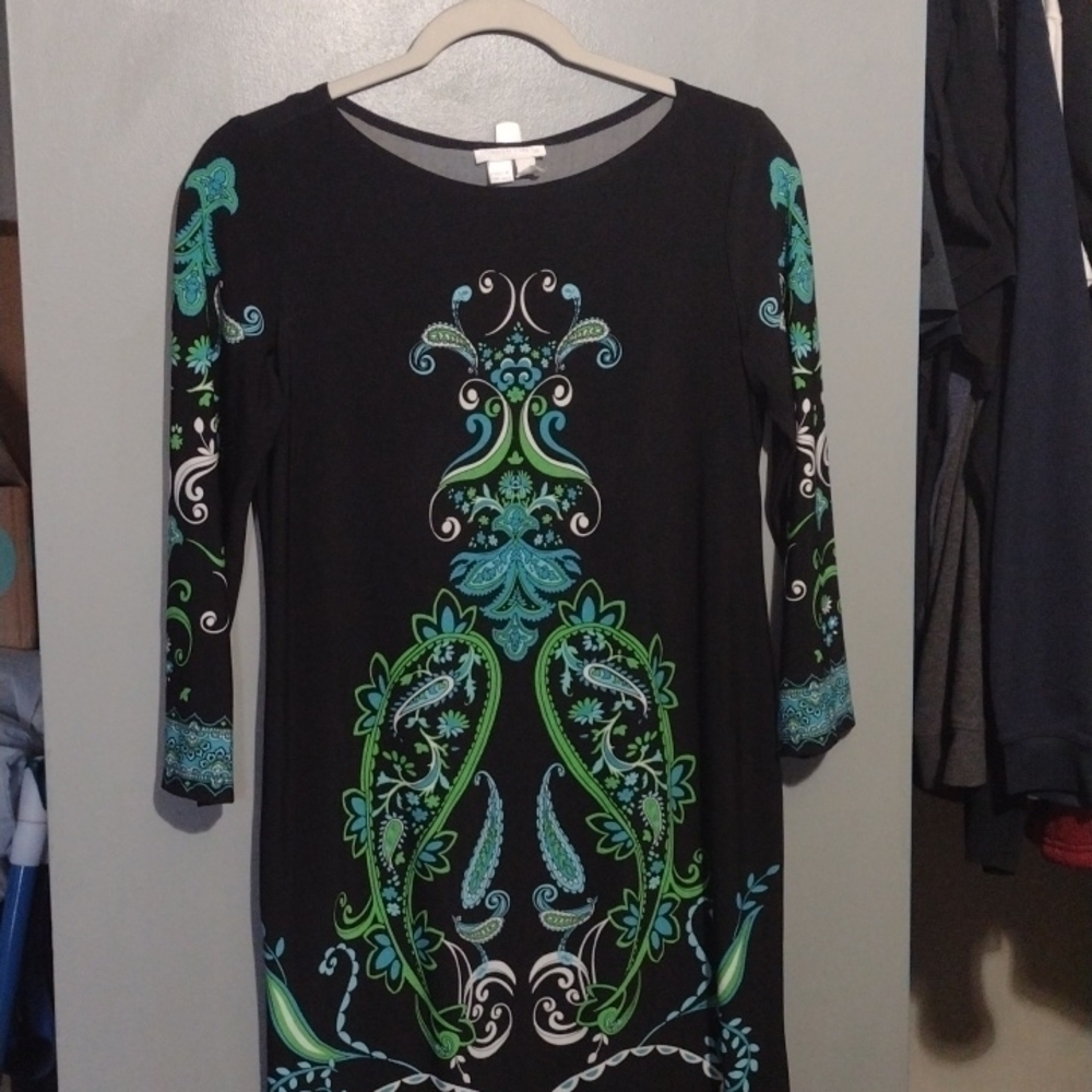 BLACK paisley boho print dress by London times Womes size 6 Black /Green/Blue